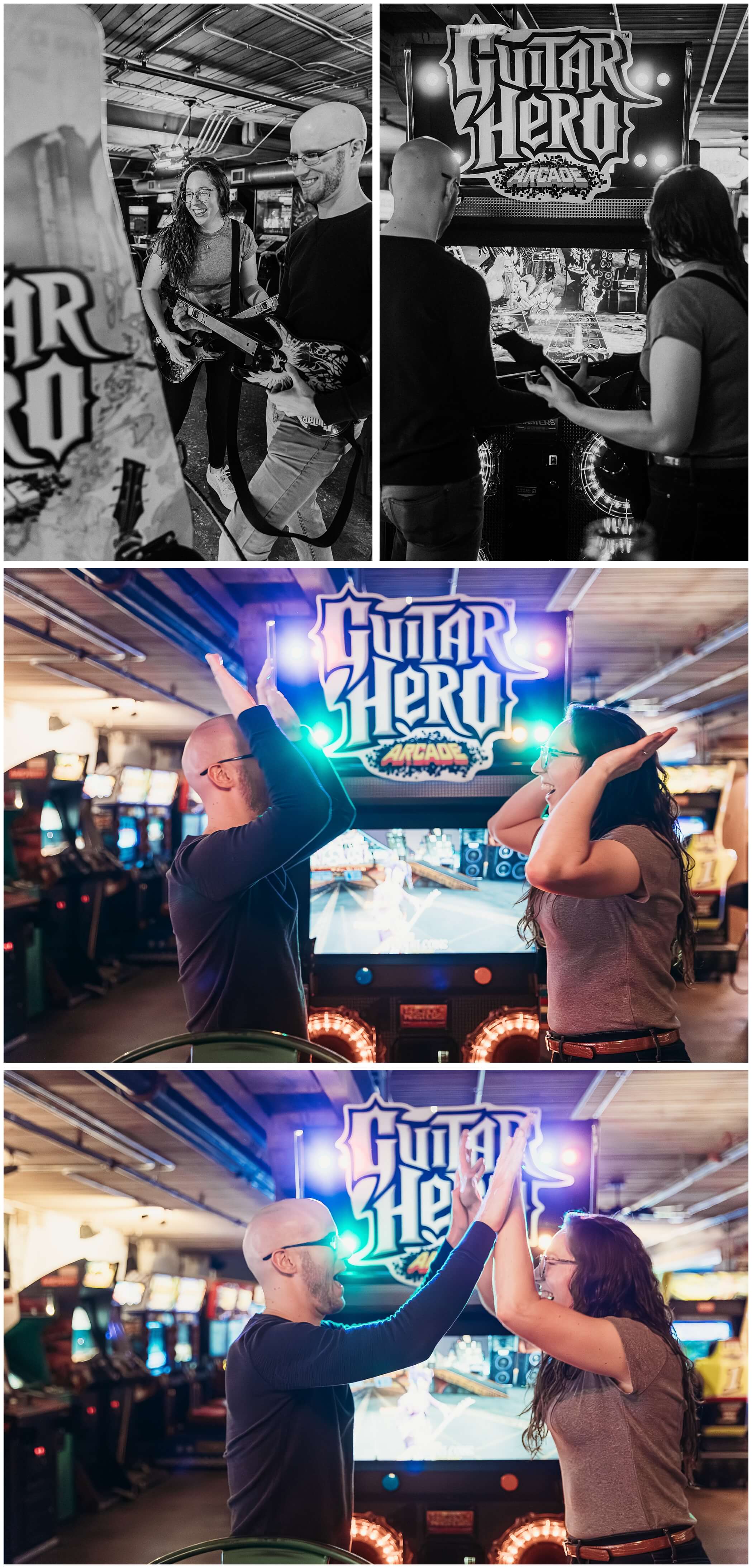 couple plays Guitar Hero Arcade during engagement photos at backpocket brewery dubuque