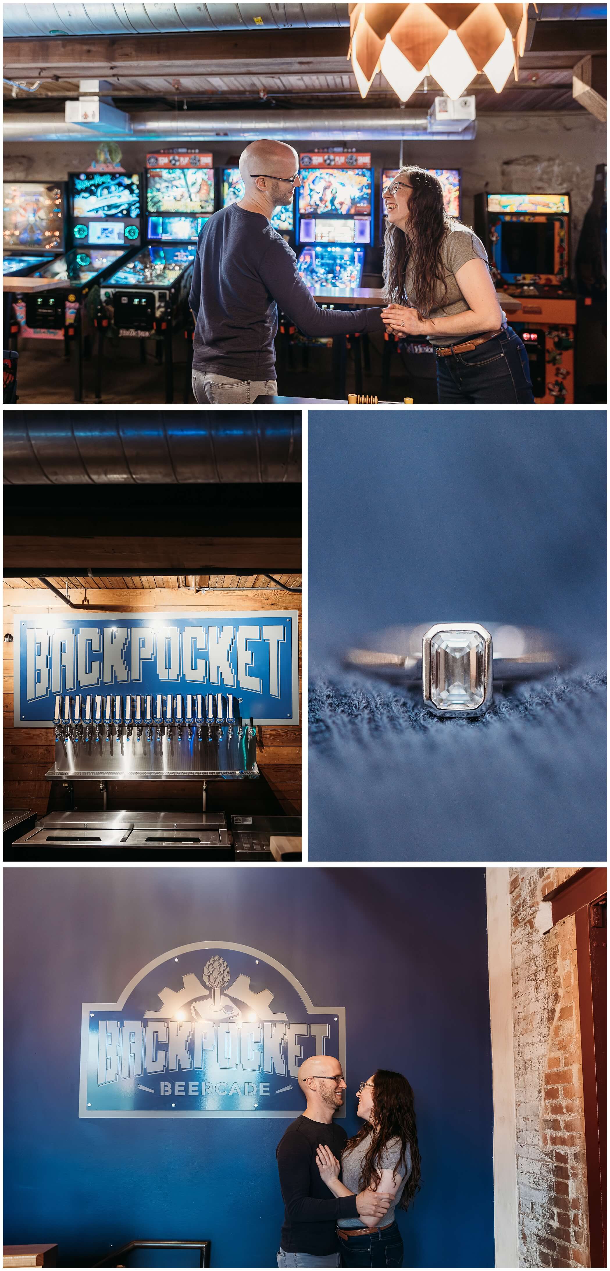 engagement photos at backpocket brewery dubuque, engagement ring