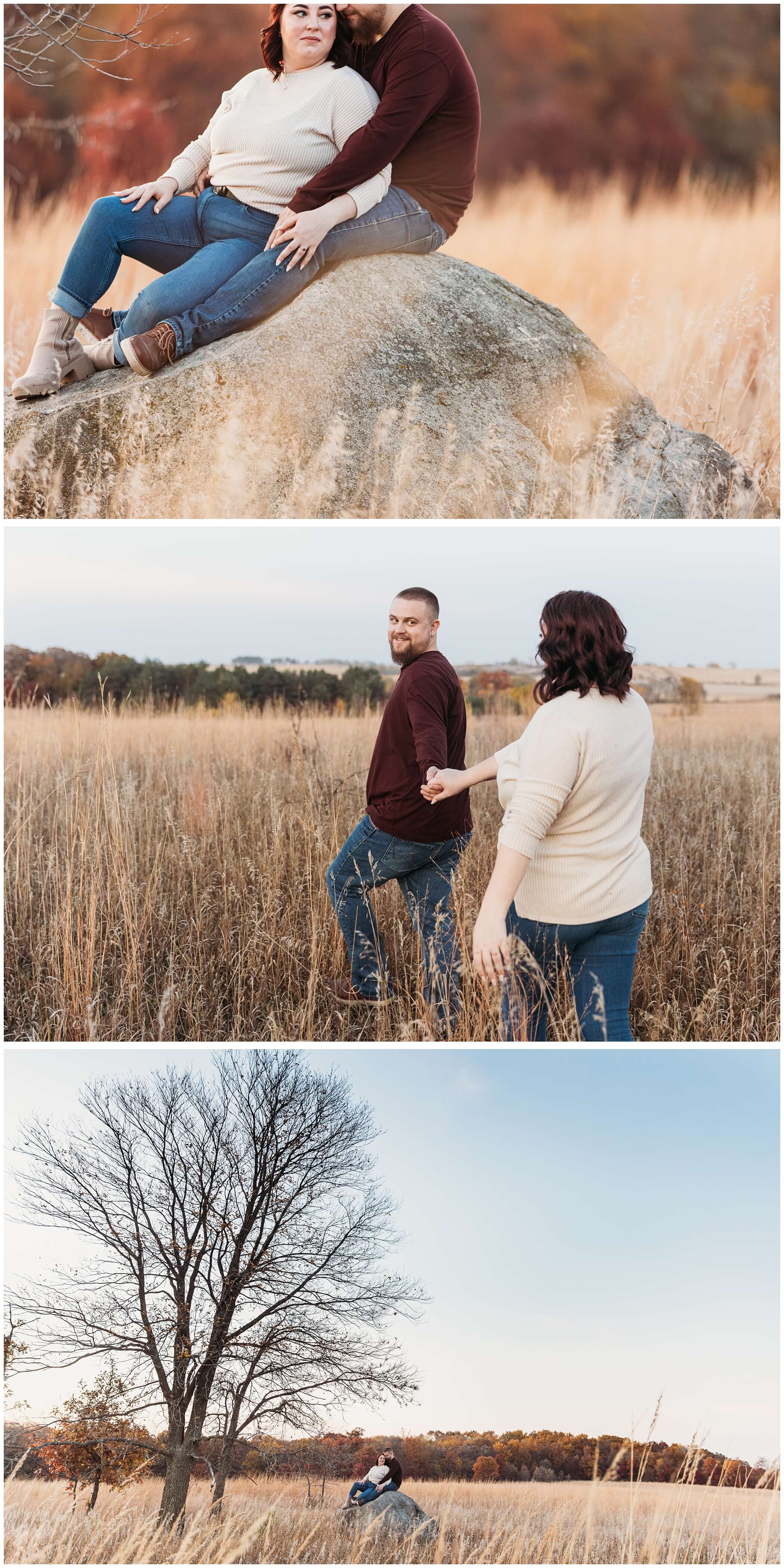 cedar valley fall engagement photos at a tall grass prairie