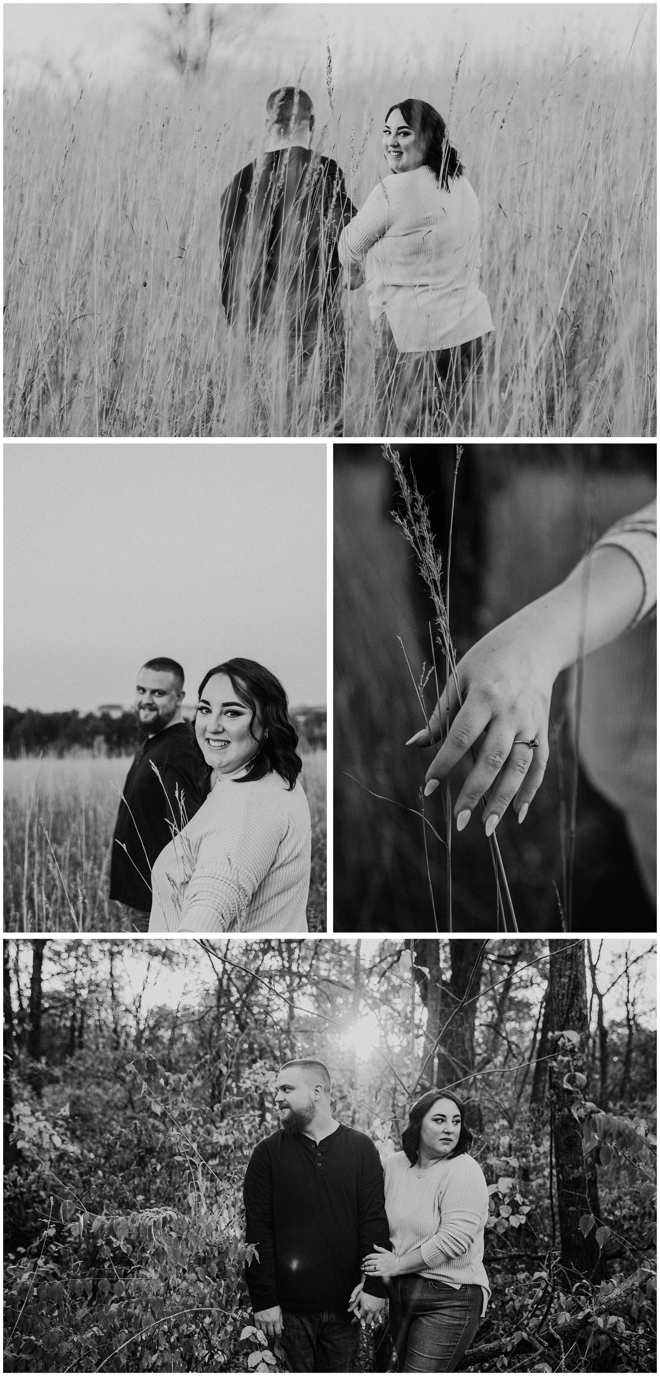 cedar valley fall engagement photos at a tall grass prairie, black and white engagement photos
