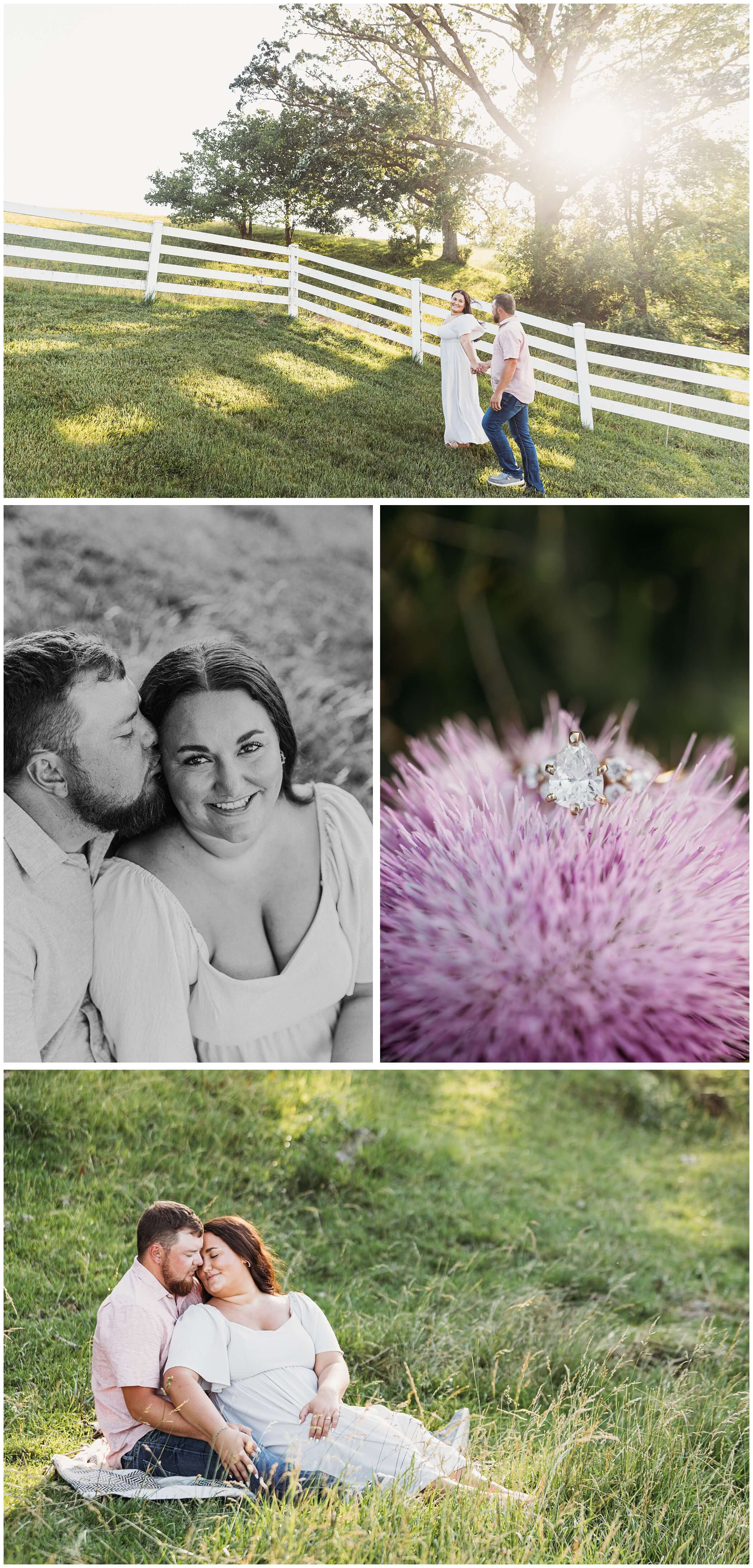 summer engagement photos in rural iowa, engagement ring