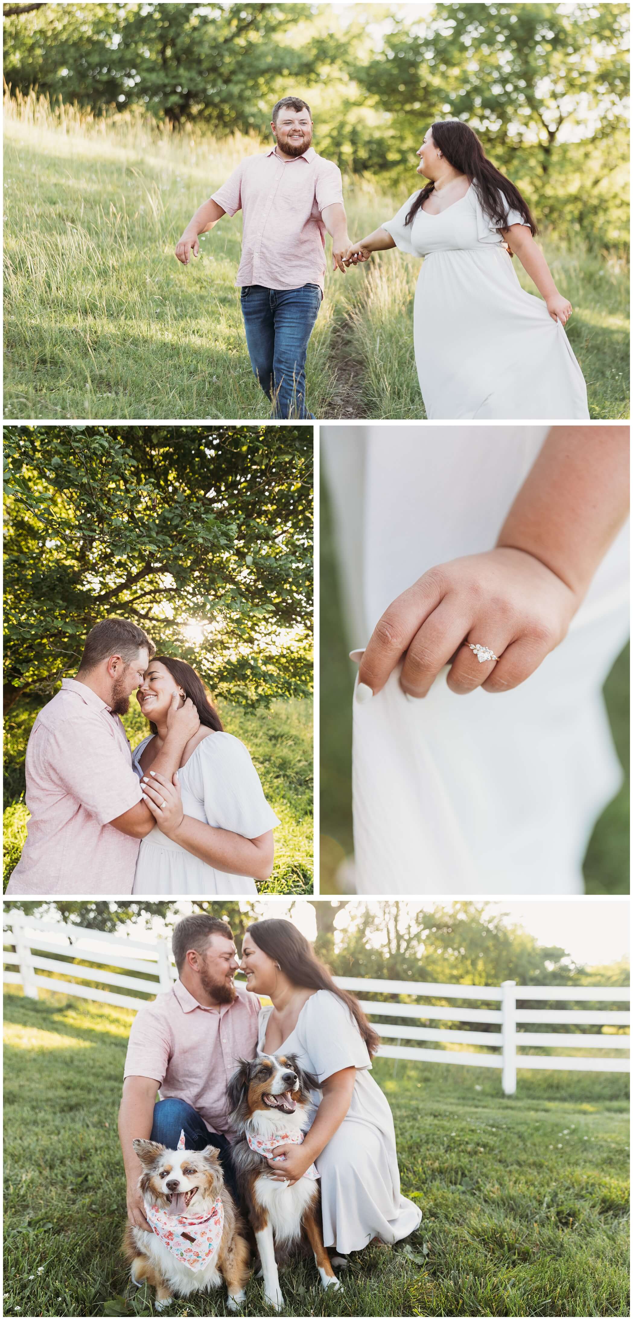 summer engagement photos including dogs, engagement ring