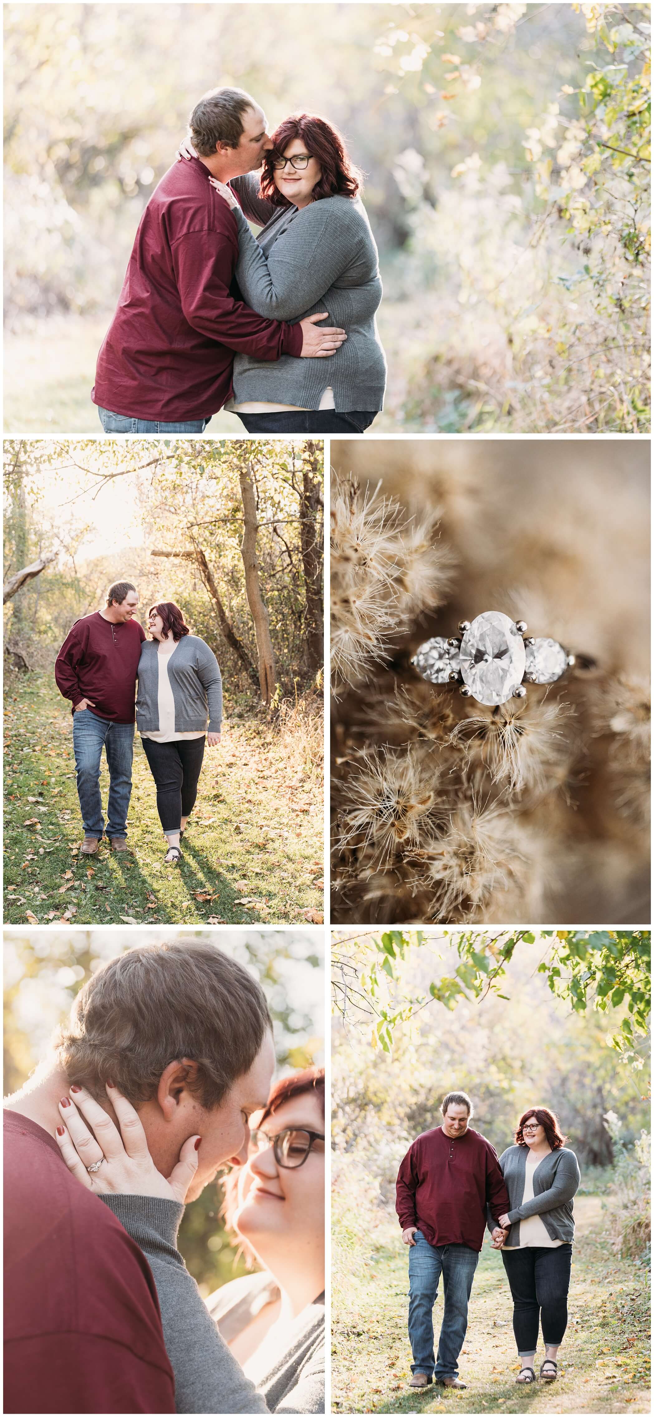 engagement photos at the swiss valley nature preserve in dubuque, iowa, oval 3-stone engagement ring