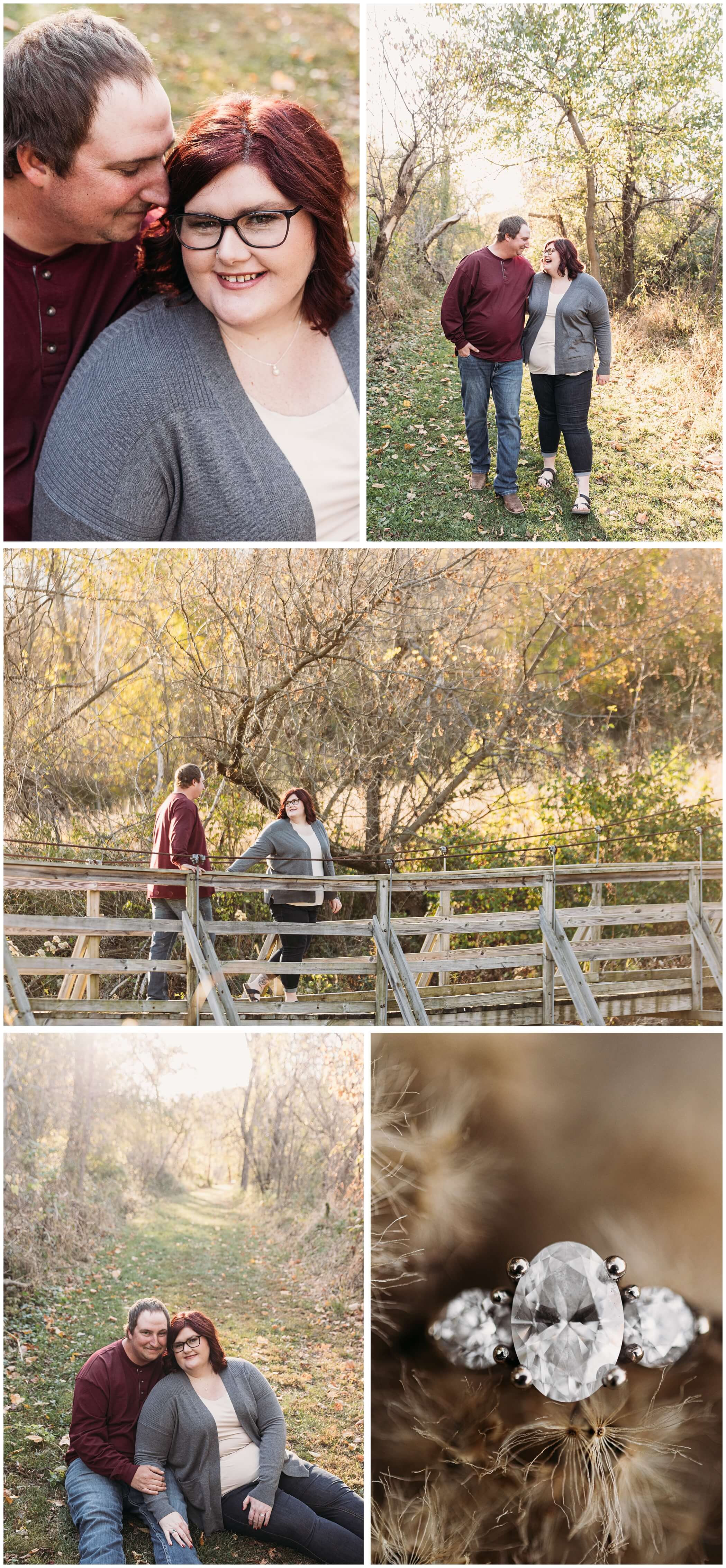 engagement photos at the dubuque swiss valley park suspension bridge, oval 3-stone engagement ring