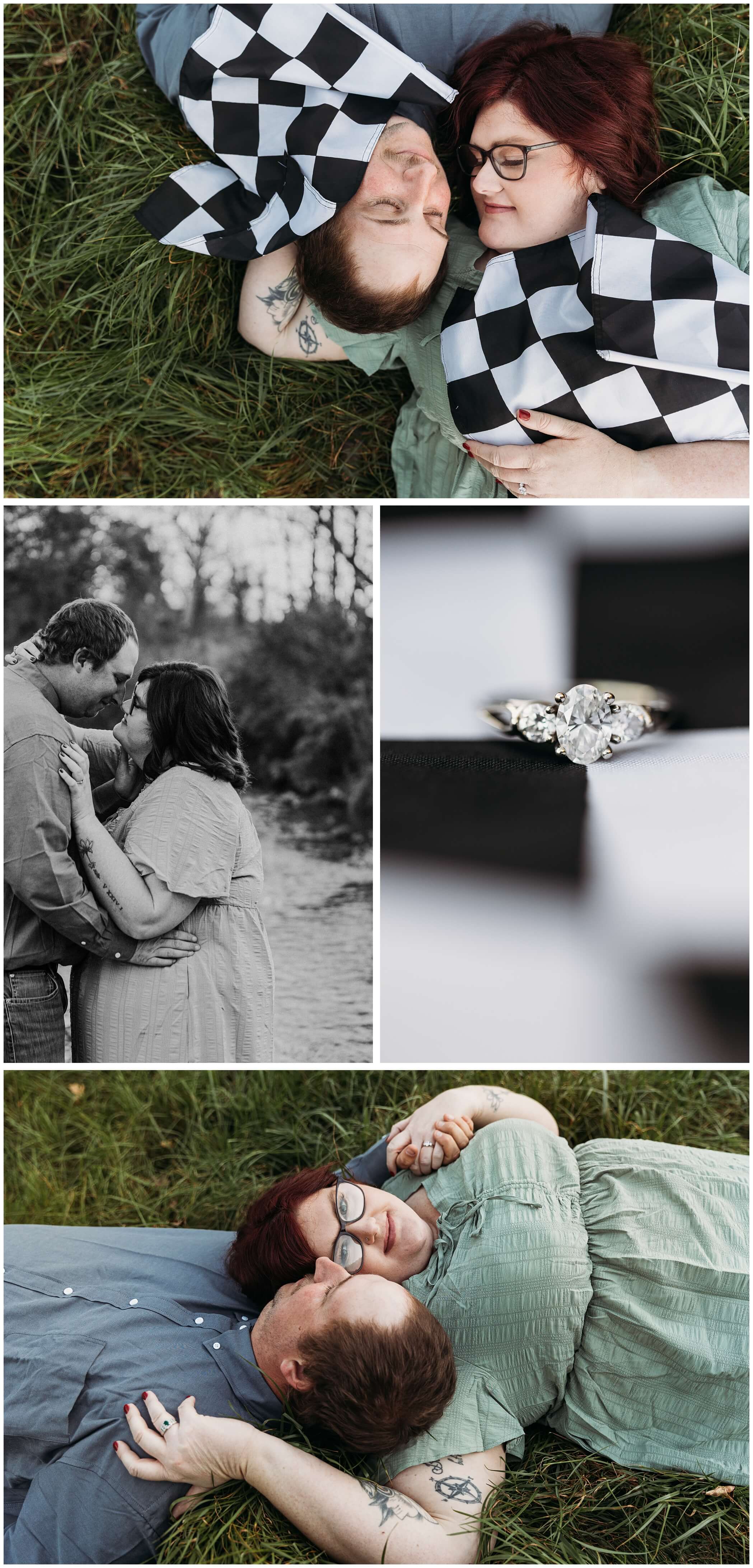 dubuque engagement photos with checkered racing flags